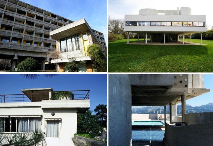 La Maison du Brésil, cité universitaire à Paris - La Villa Savoye à Poissy - Hôtel particulier à Boulogne-Billancourt - La Cité Radieuse à Marseille. © Photos Didier Raux